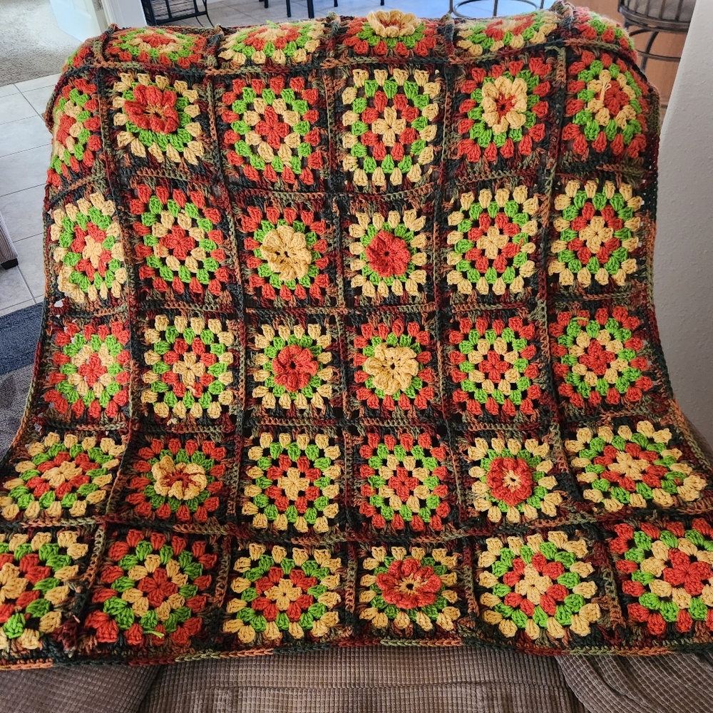 Vintage 1970's Handcrafted Multicolor Crochet Blanket‎
